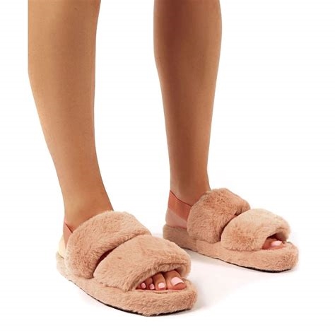 fuzzy flip flops slippers nude